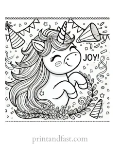 unicorn coloring page with joy