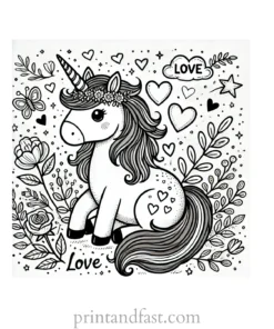 unicorn coloring page with love