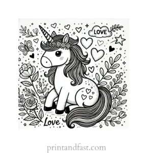 unicorn coloring page with love