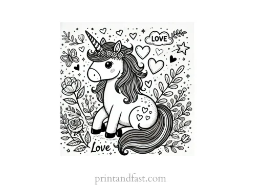 unicorn coloring page with love