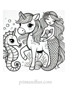 unicorn coloring page with mermaid and seahorse