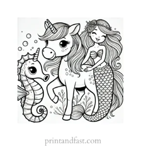 unicorn coloring page with mermaid and seahorse