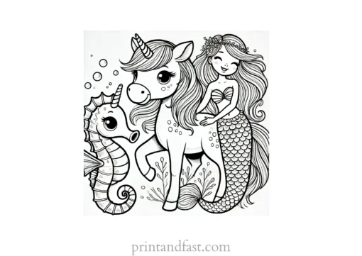 unicorn coloring page with mermaid and seahorse