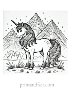 unicorn coloring page with mountains