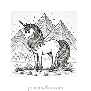 unicorn coloring page with mountains