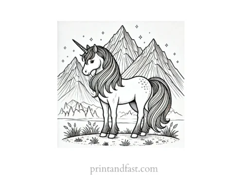 unicorn coloring page with mountains