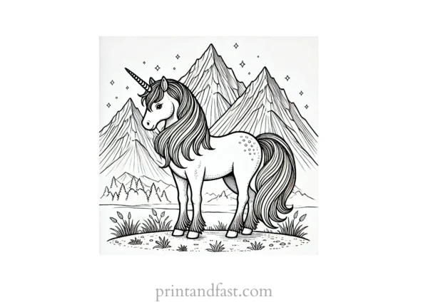 unicorn coloring page with mountains