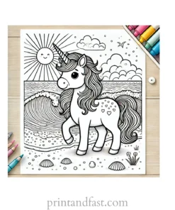 unicorn coloring page with ocean