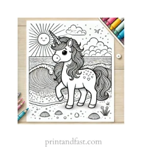 unicorn coloring page with ocean