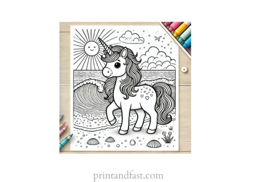 unicorn coloring page with ocean