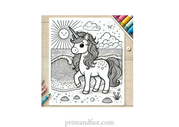 unicorn coloring page with ocean