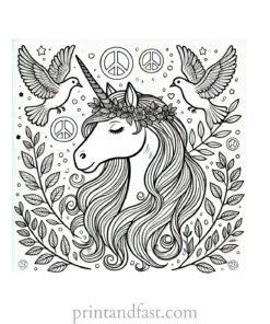 unicorn coloring page with peace