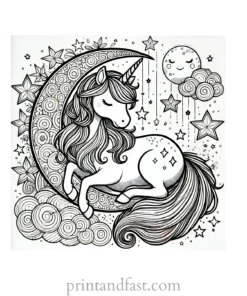 unicorn coloring page with stars and moon