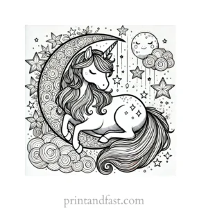 unicorn coloring page with stars and moon