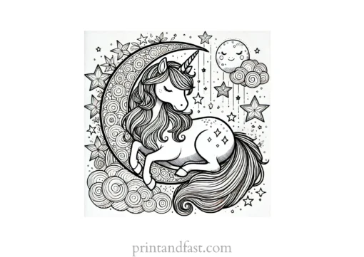 unicorn coloring page with stars and moon