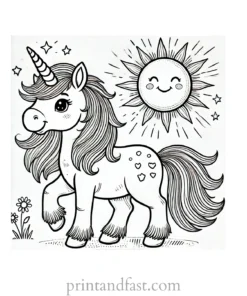 unicorn coloring page with sun