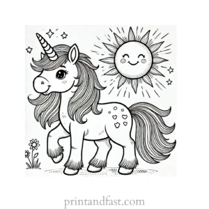 unicorn coloring page with sun