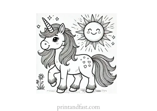 unicorn coloring page with sun