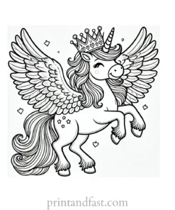 unicorn coloring page with wings and crown