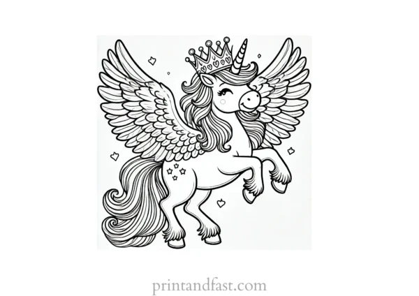 unicorn coloring page with wings and crown