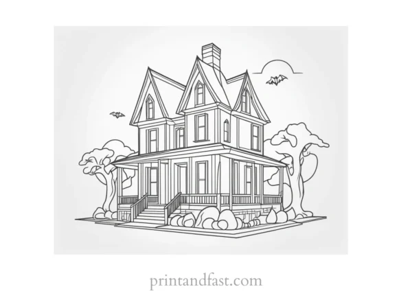 3D haunted house coloring page