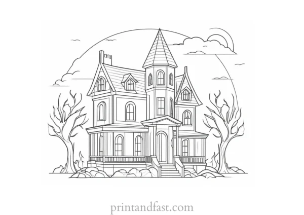 abstract haunted house coloring page