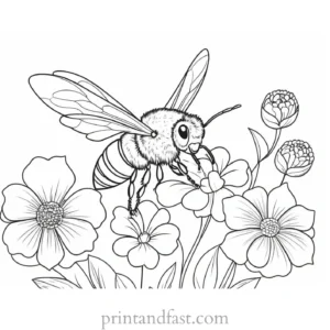 bee coloring page with flowers