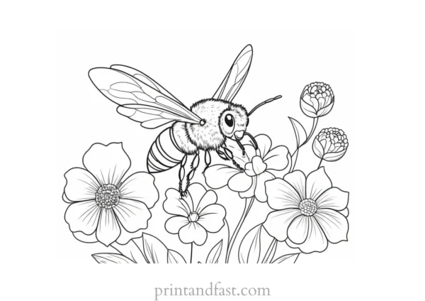 bee coloring page with flowers