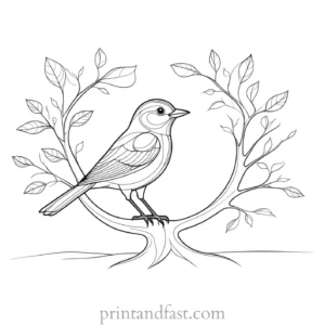 bird coloring page with tree