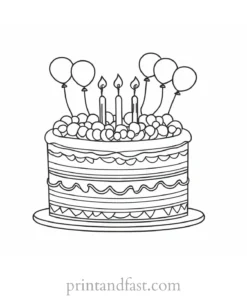 birthday cake coloring page with balloons