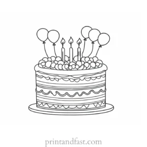 birthday cake coloring page with balloons