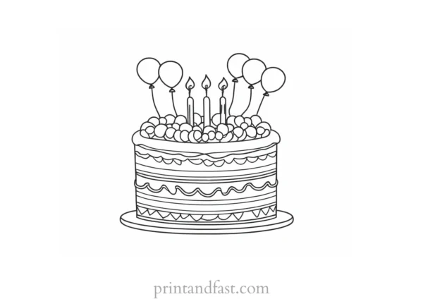 birthday cake coloring page with balloons