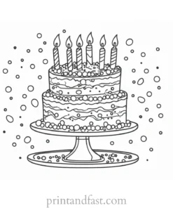 birthday cake coloring page with confetti