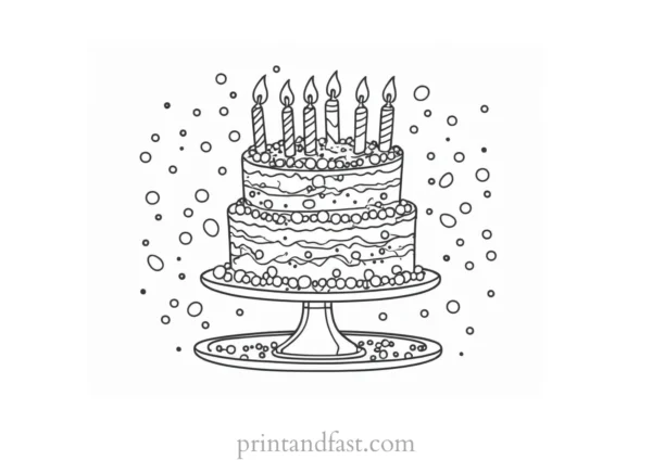 birthday cake coloring page with confetti