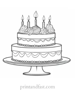 birthday cake coloring page with decorations