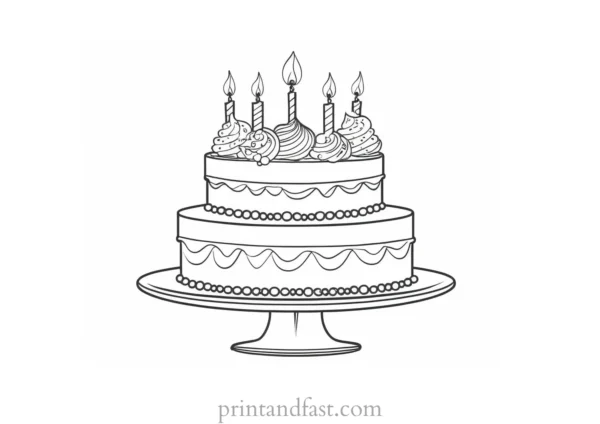 birthday cake coloring page with decorations