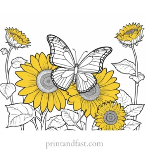 butterfly coloring page with sunflowers