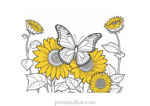 butterfly coloring page with sunflowers