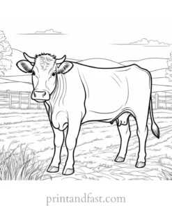 cow coloring page with farm background