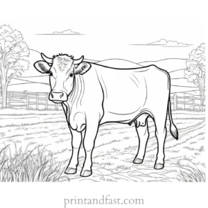 cow coloring page with farm background