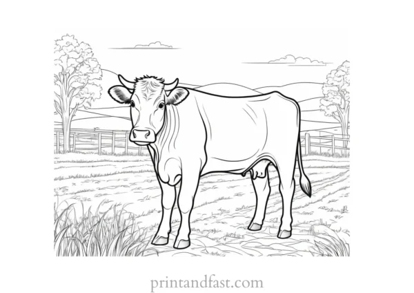 cow coloring page with farm background