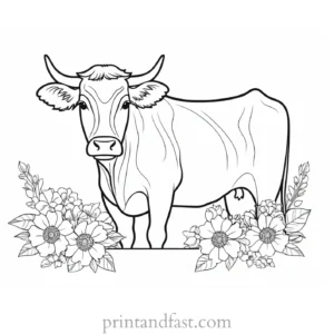 cow coloring page with flowers