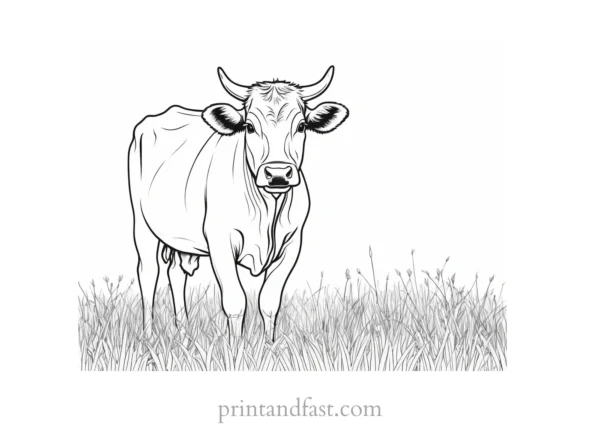 cow coloring page with grass