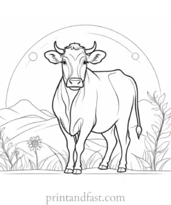 cow coloring page with sun