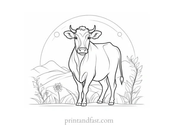 cow coloring page with sun