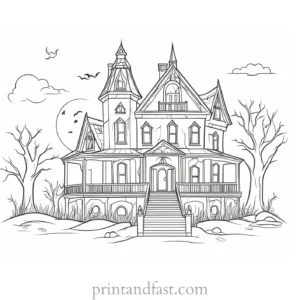 creepy haunted house coloring page