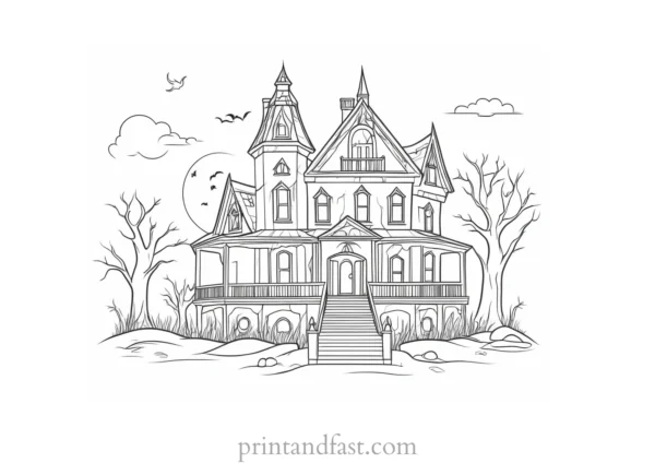 creepy haunted house coloring page