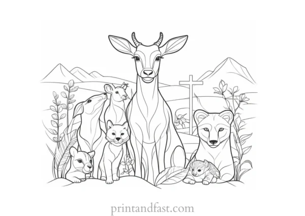 cross coloring page with animals