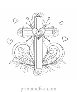 cross coloring page with hearts