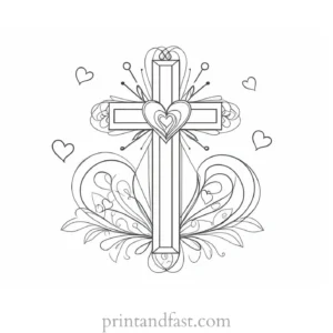 cross coloring page with hearts